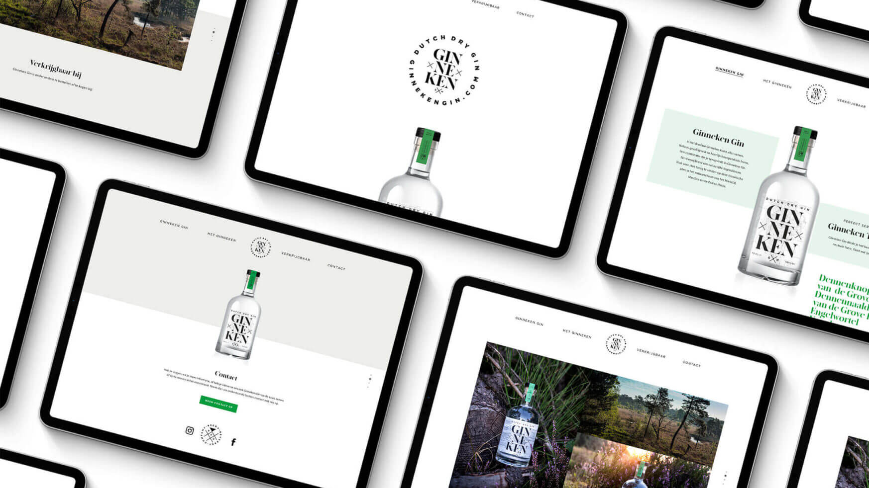 Tablets met GinnekenGin.com en opvallende afbeeldingen van ginflessen in een strakke, opvallende rasterindeling.