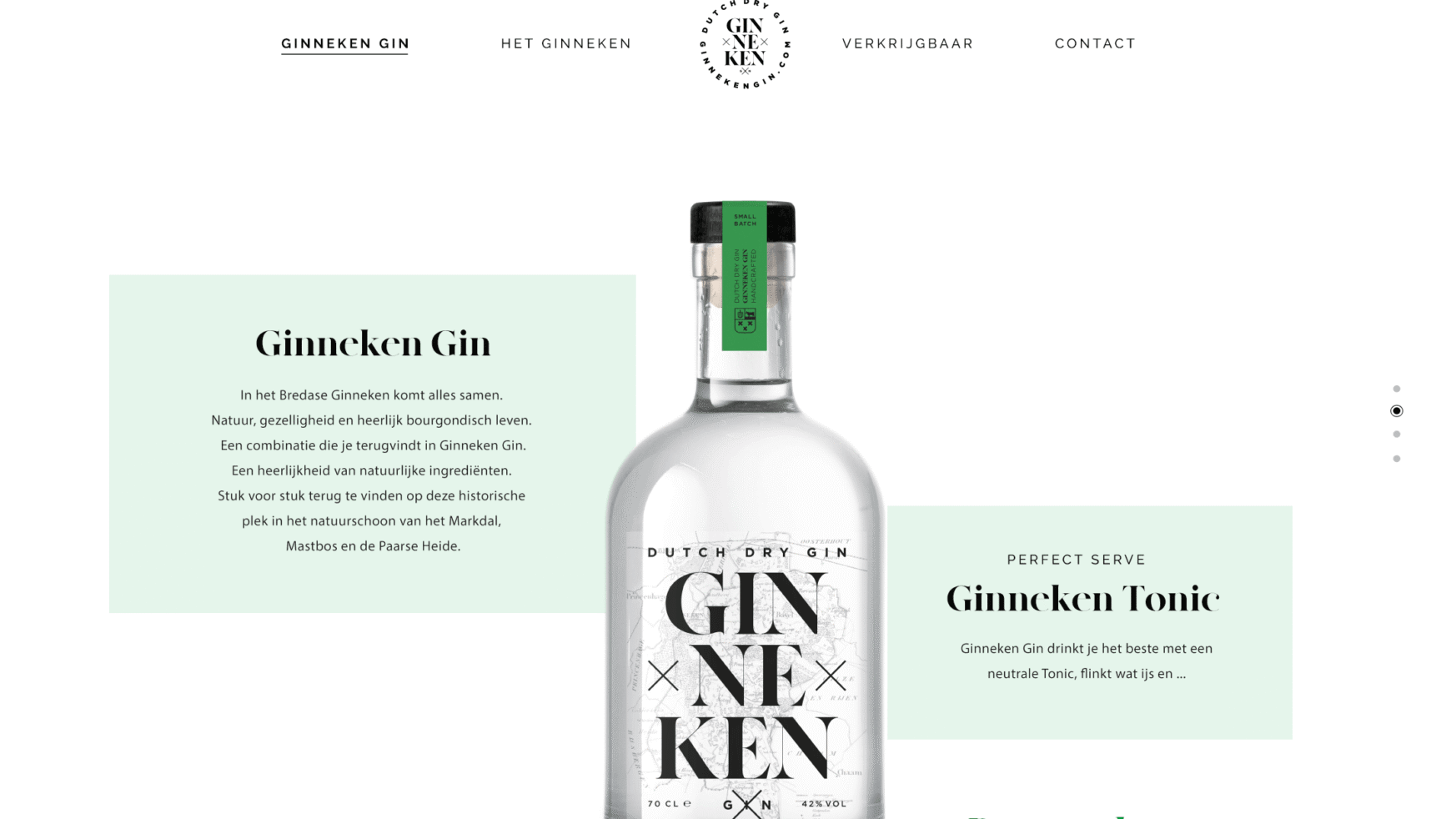 De Ginneken-ginfles wordt tentoongesteld op GinnekenGin.com, een site met tekstvakken en een strak, minimalistisch ontwerp.