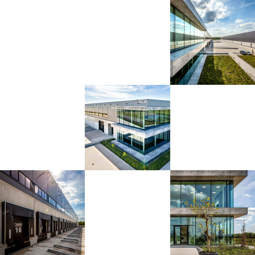 Een prachtige collage toont het moderne industriële gebouw van Bouwbedrijf Vrolijk met grote ramen en drukke kades.