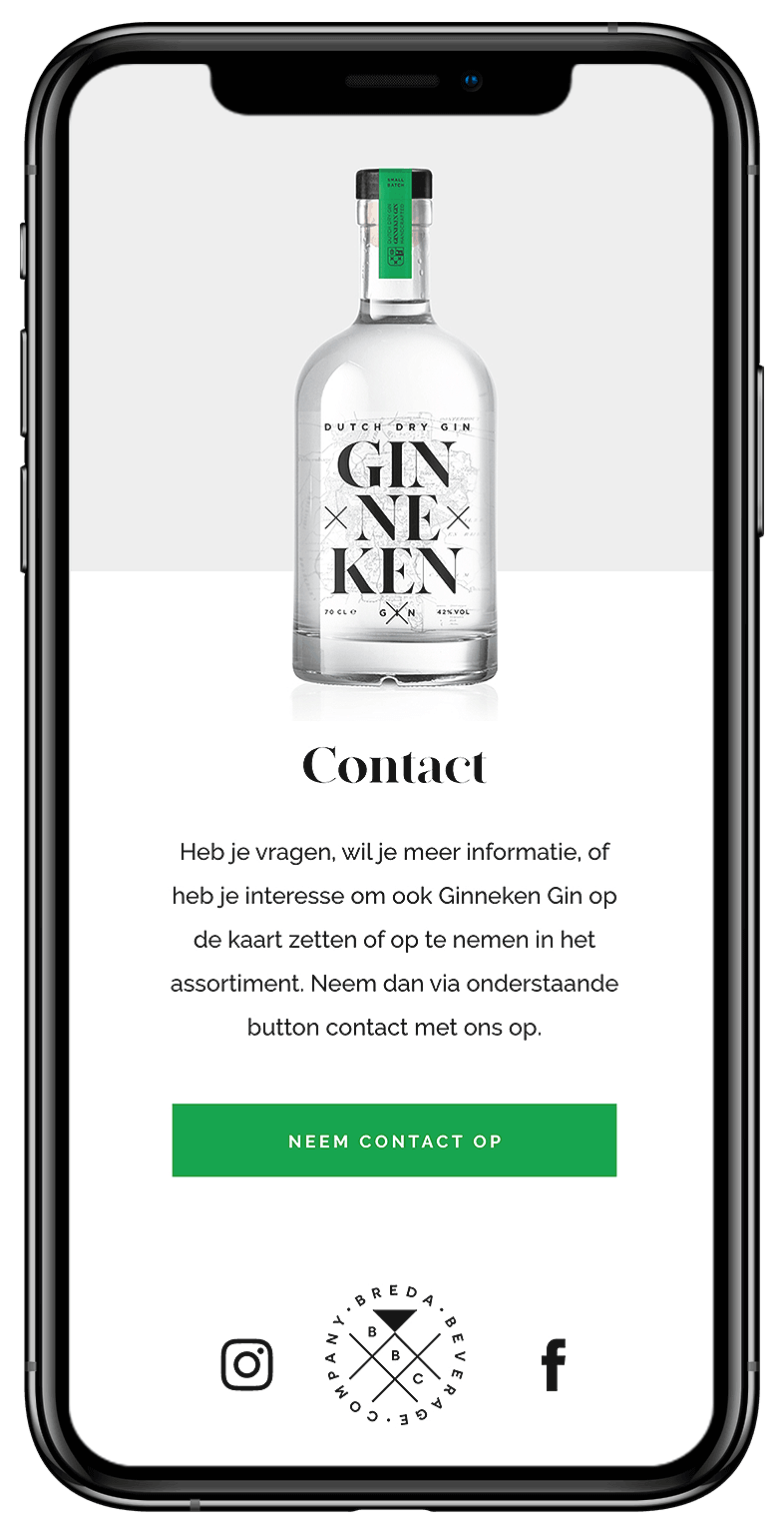 Op een smartphone verschijnt een webpagina met een premium fles Ginneken Gin en een handige knop "Neem Contact Op".