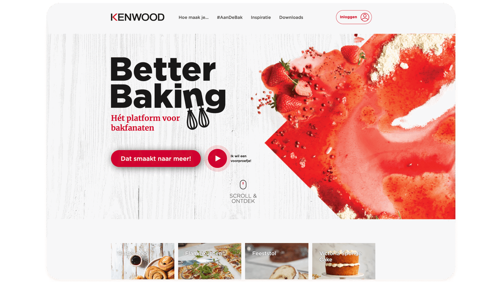 Pagina met bakthema, rood/witte accenten, de tekst "Better Baking" en een afspeelknop.