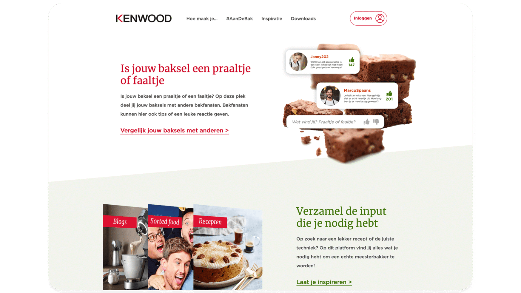 Een Nederlandse website met afbeeldingen met het bakthema: brownies en lachende mensen.