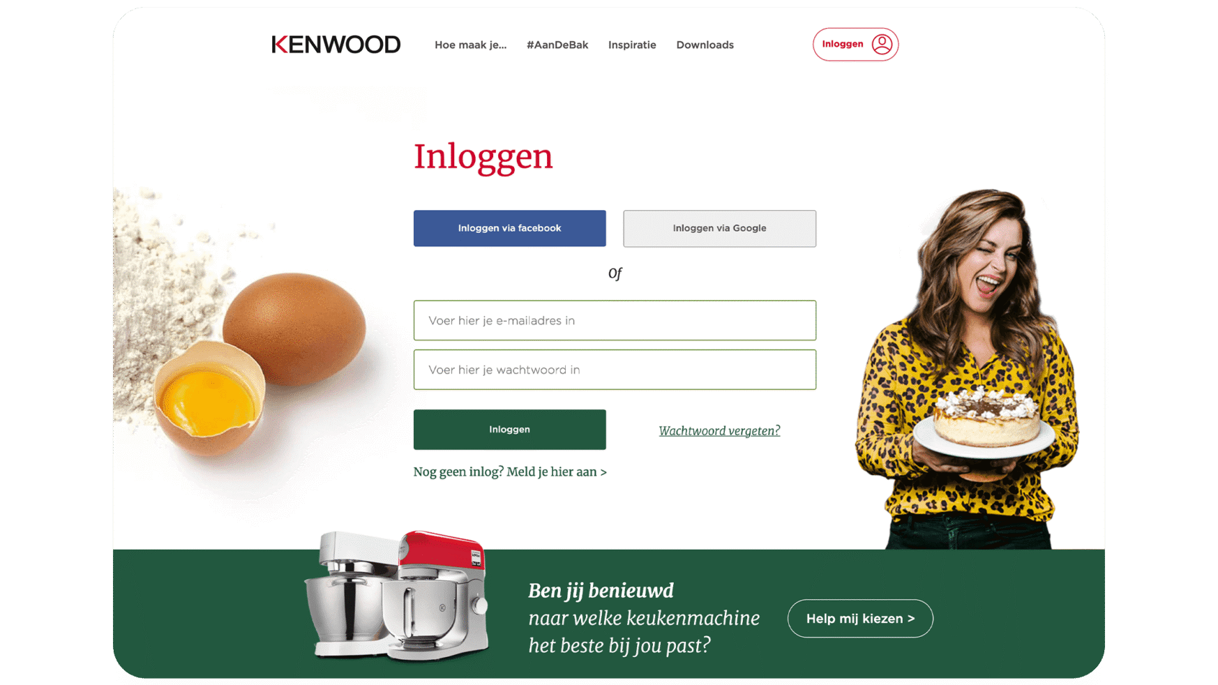 Kenwood-login: lachende vrouw, dessert in haar hand, afbeeldingen van eieren.