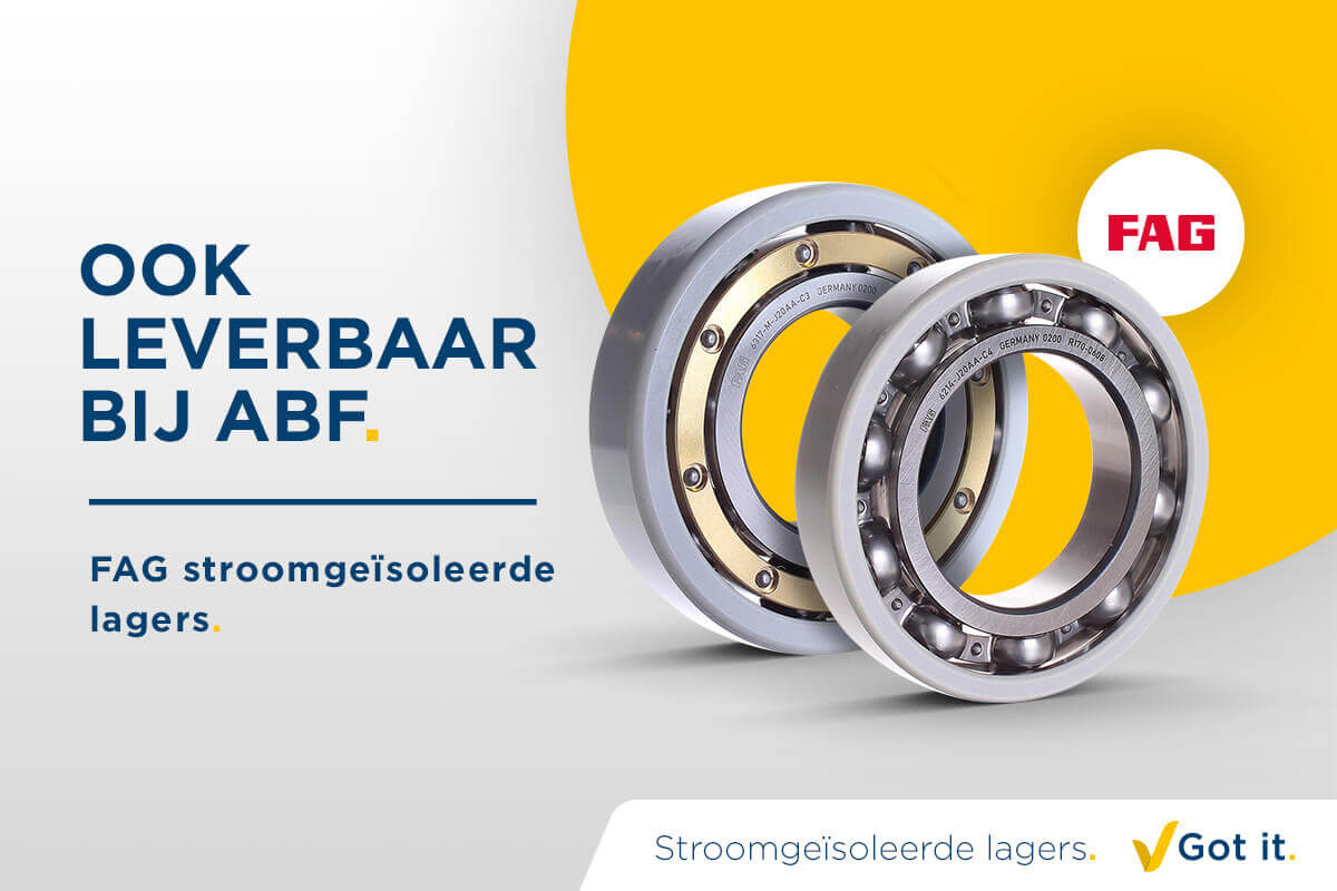 Ontdek de hoogwaardige FAG-geïsoleerde lagers van ABF, waarvan er twee op een strak grijs oppervlak worden getoond.