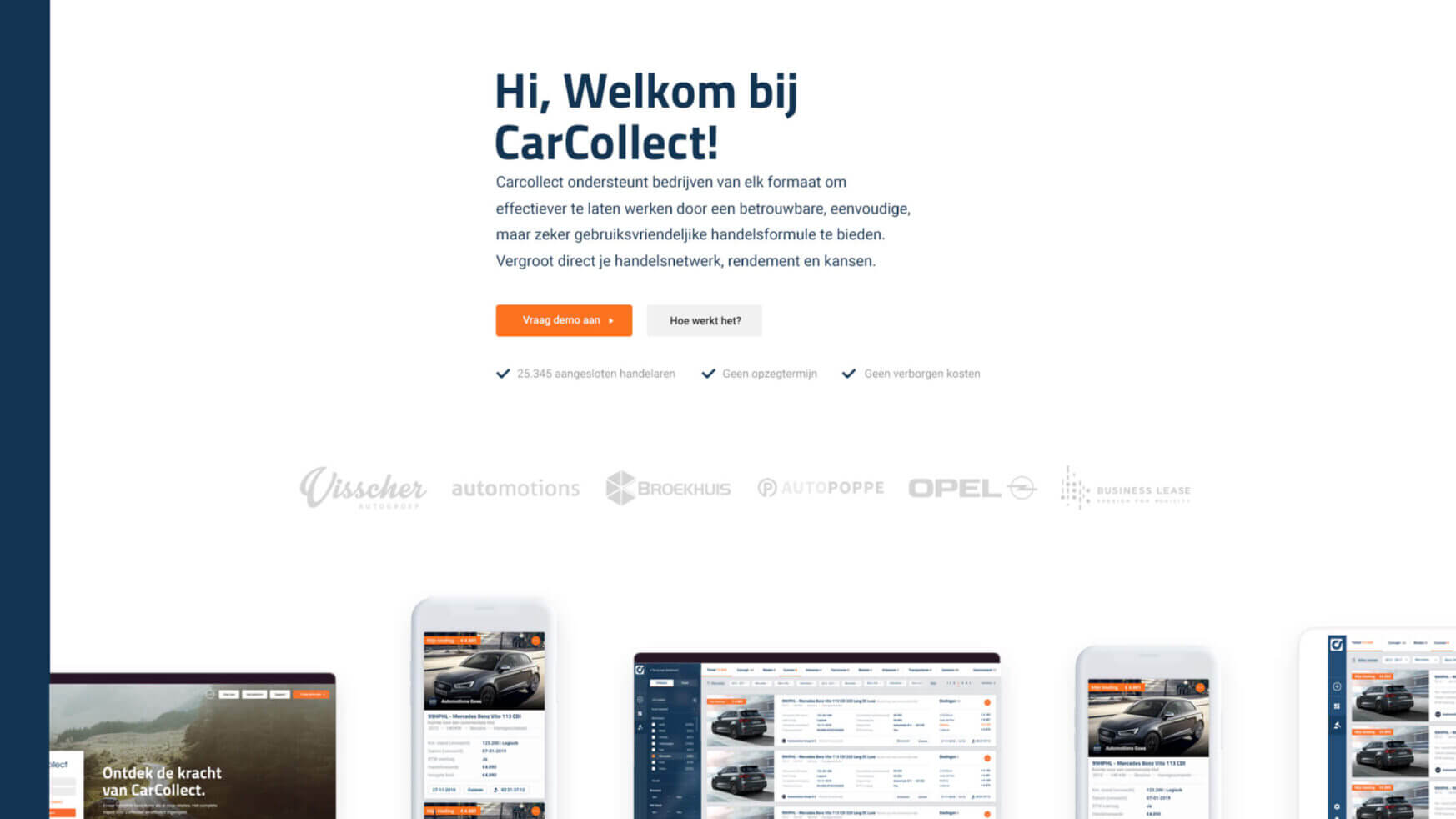 Op de homepage van CarCollect worden Nederlandse tekst, het logo, een eenvoudig menu en app-screenshots getoond die de gestroomlijnde functies van het bedrijf laten zien.