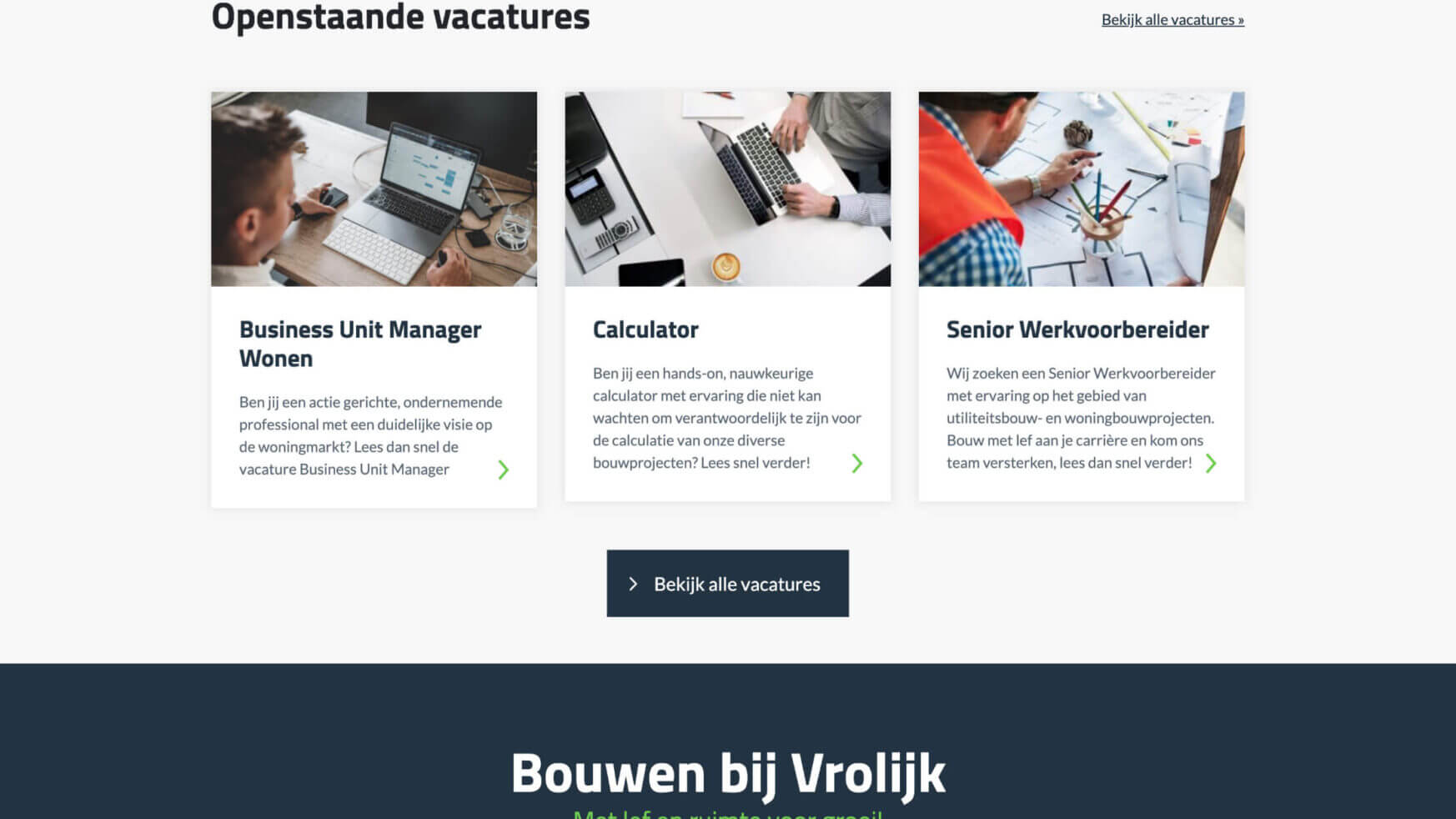 Vacatures bij Bouwbedrijf Vrolijk: Manager, Calculator, Senior Technicus. Afbeeldingen en details inbegrepen.