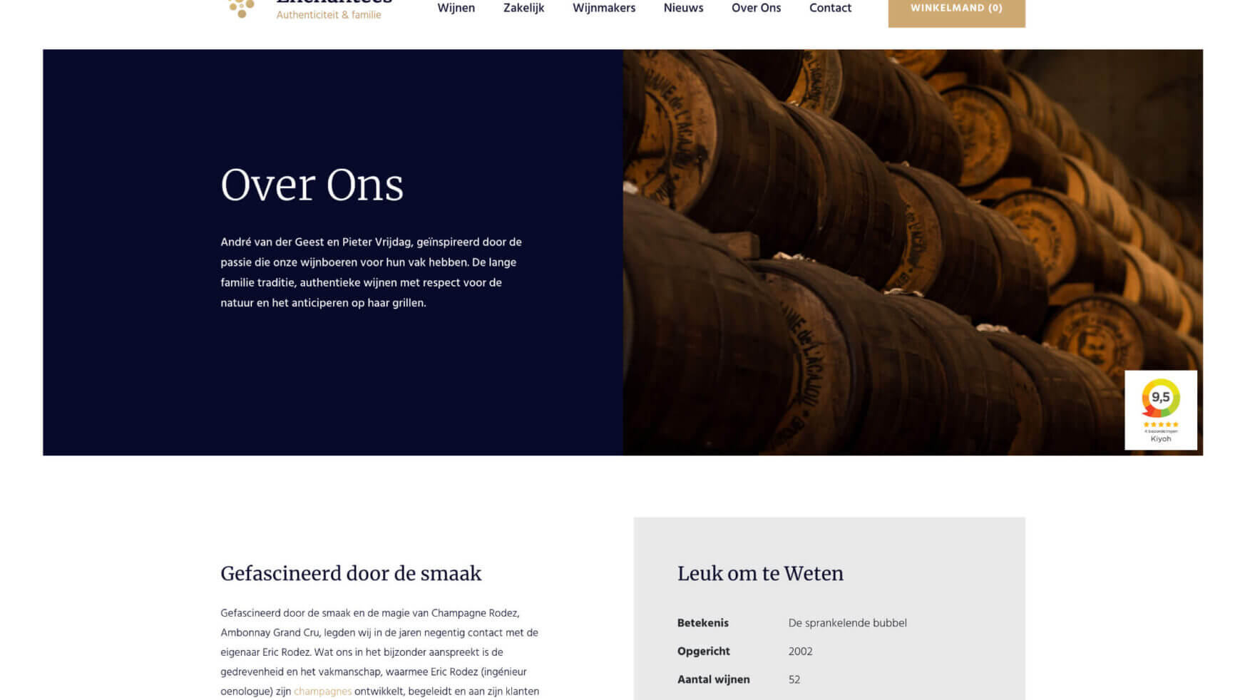 Een screenshot van de pagina "Over Ons" van Les Bulles Enchantées toont wijnvaten en belichaamt hun essentie.