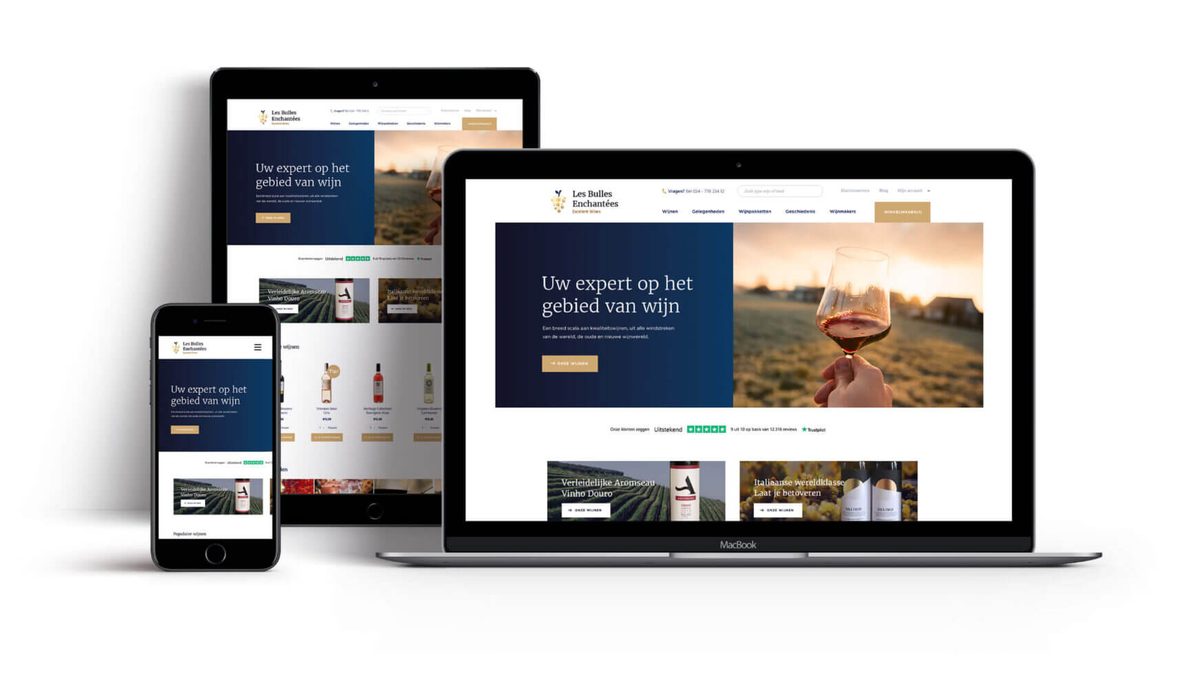 Responsieve website met wijnthema voor Les Bulles Enchantées, gepresenteerd op telefoon, tablet en laptop.