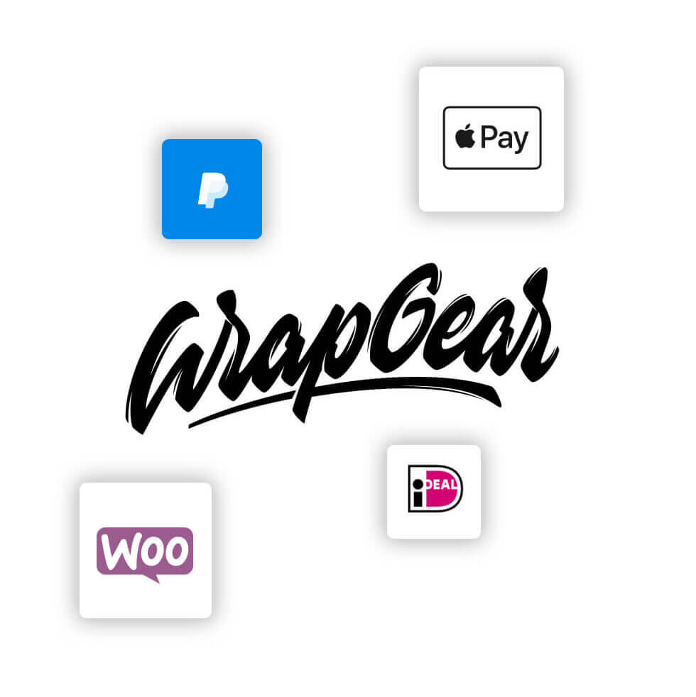 Logo van WrapGear.nl met daarnaast pictogrammen van PayPal, Apple Pay, WooCommerce en iDEAL.