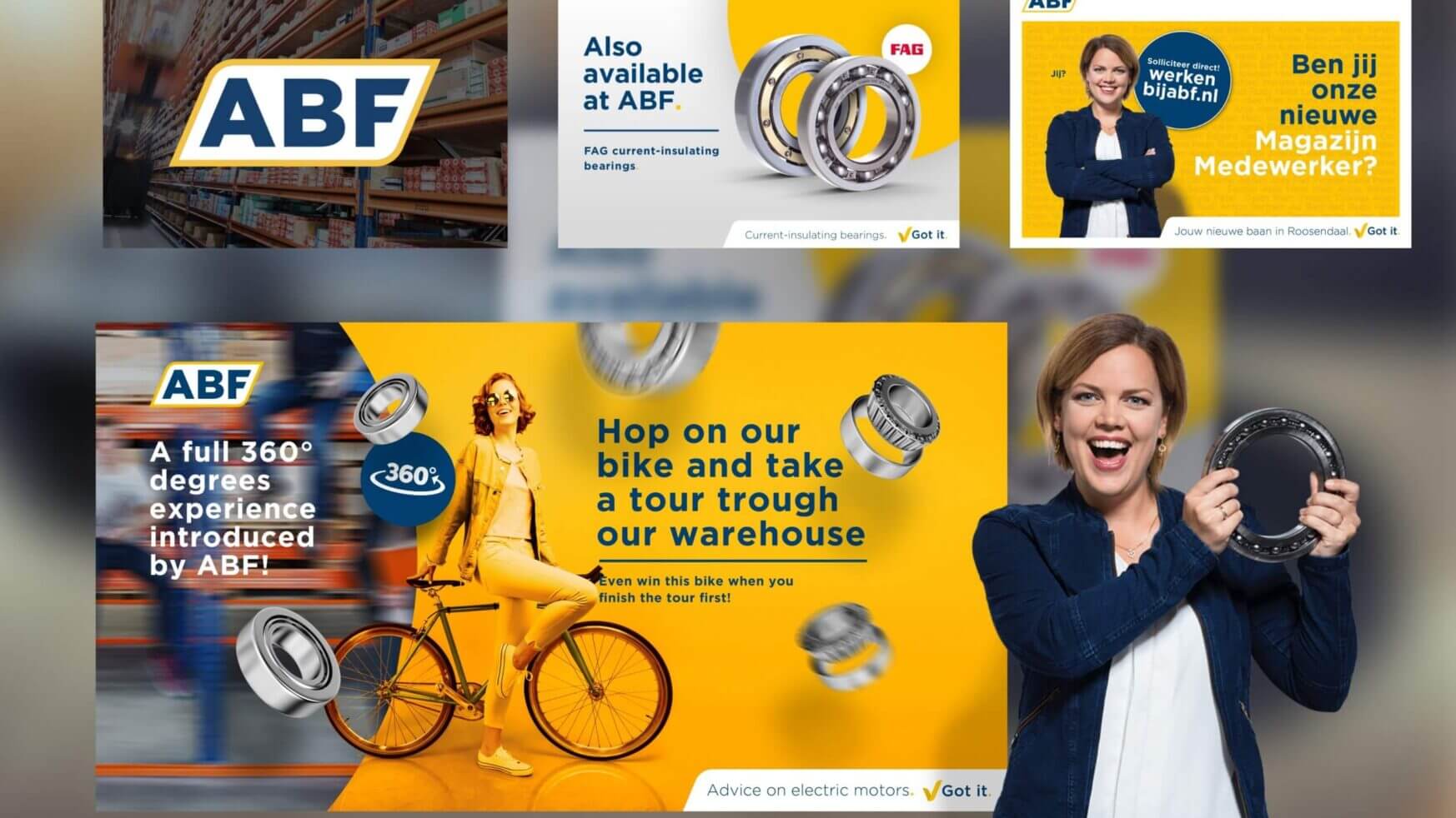 Collage van tandwielen, lagers en een ABF-vacature op een levendige geelblauwe achtergrond.