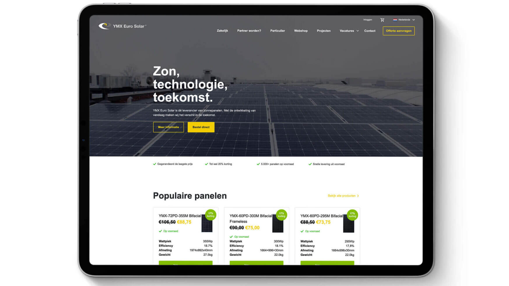 De website van YMX Euro Solar toont strakke zonnepanelen en Nederlandstalige info op een tablet.
