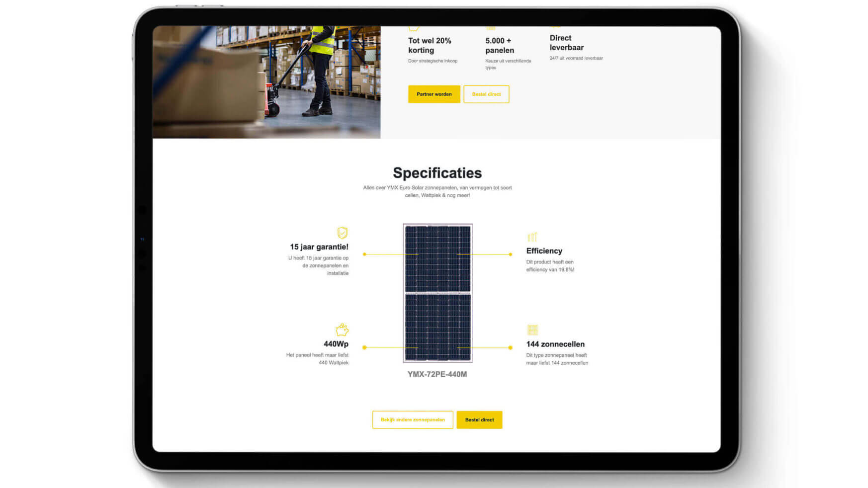 Tablet geeft YMX Euro Solar specificaties weer: garantie & rendement. Inclusief afbeelding van magazijn met persoon.