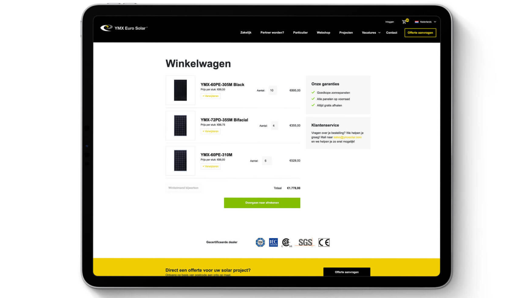 Een YMX Euro Solar-tablet toont een kassa in een zonnepanelenwinkel. Tik om je milieuvriendelijke aankoop te voltooien!.