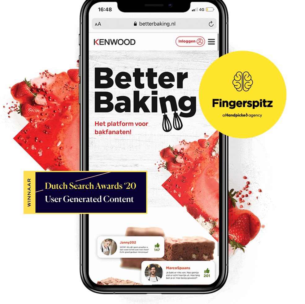 Smartphone toont een bakplek; fruit en desserts vormen de achtergrond.