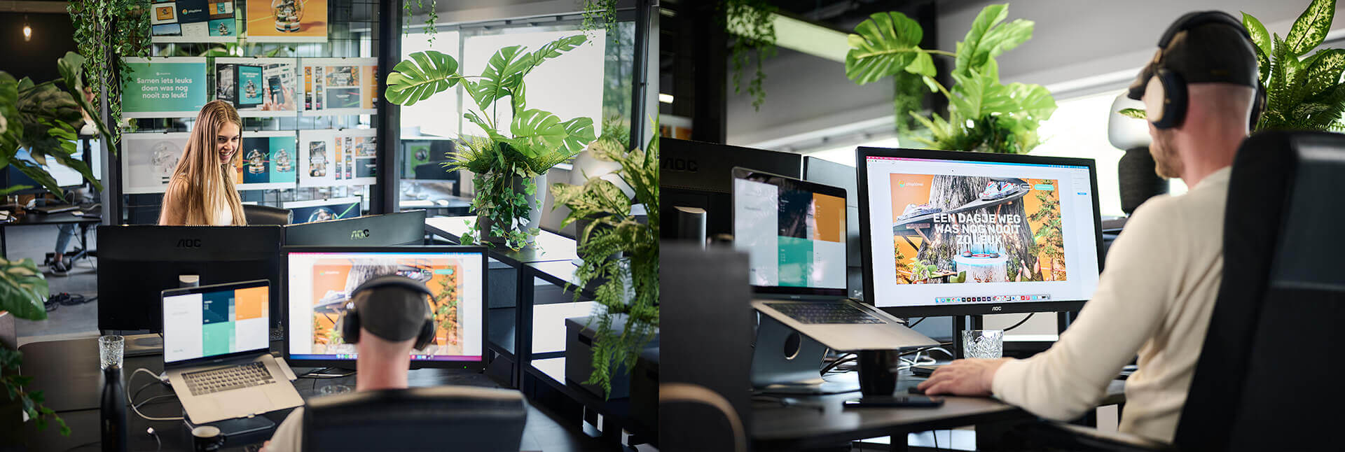 Het moderne kantoor: mensen achter computers, omringd door planten en een levendig design.