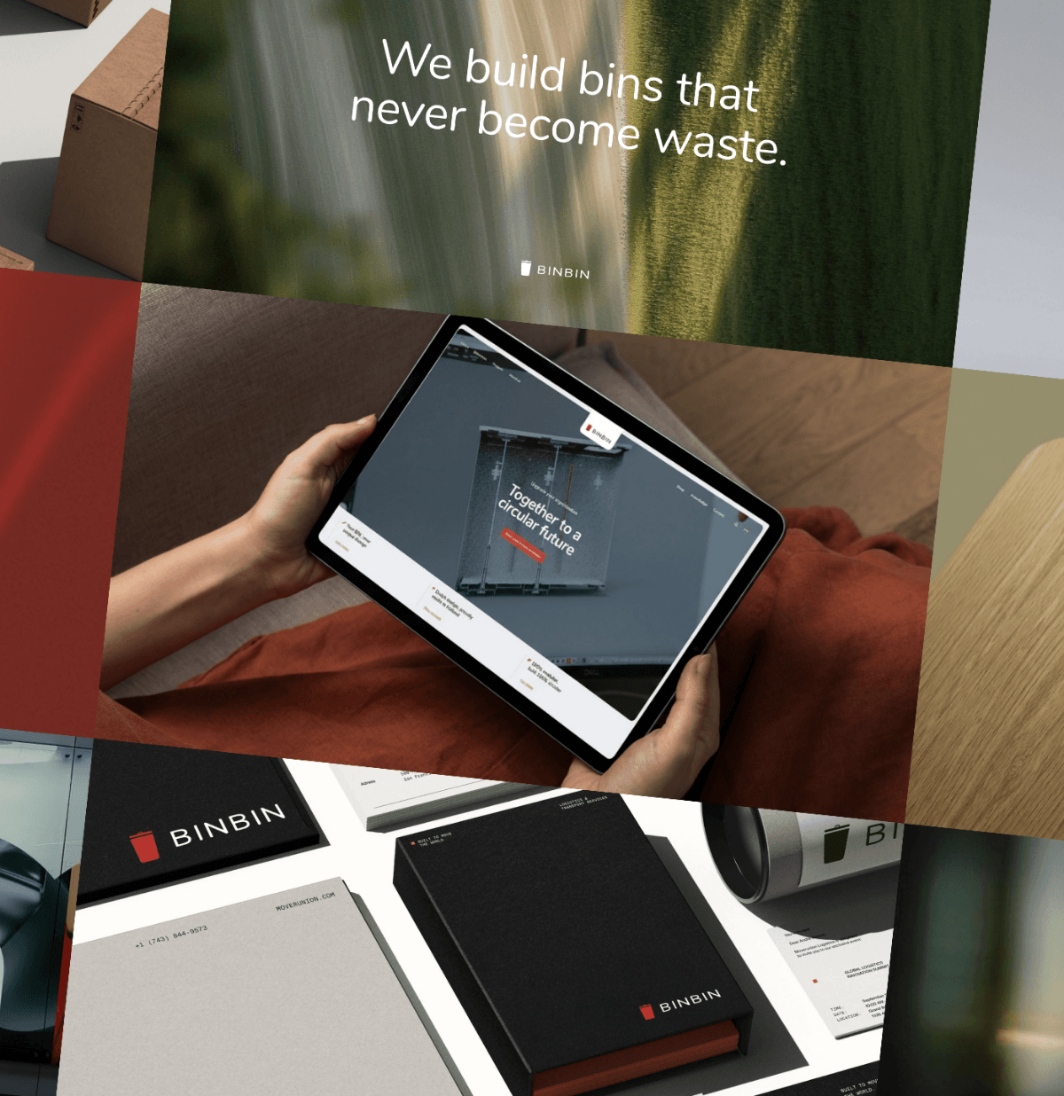 BINBIN branding collage: verpakking, tablet website, close-ups, plus Koppert Cress geïnspireerde presentatie.