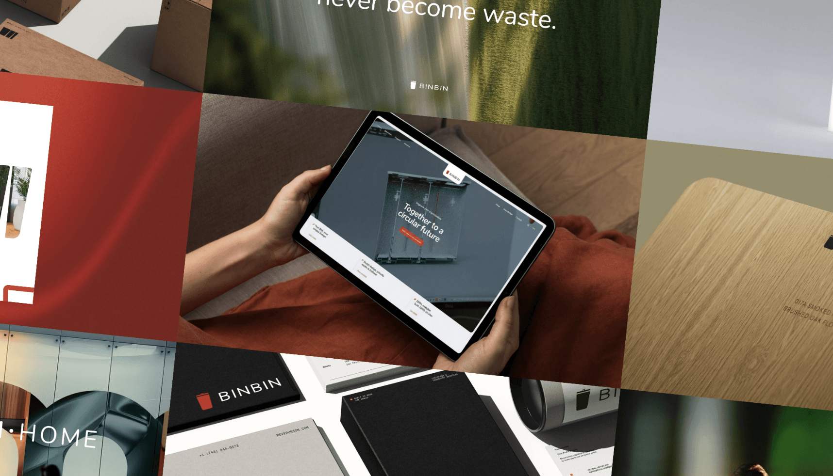 BINBIN branding collage: verpakking, tablet website, close-ups, plus Koppert Cress geïnspireerde presentatie.