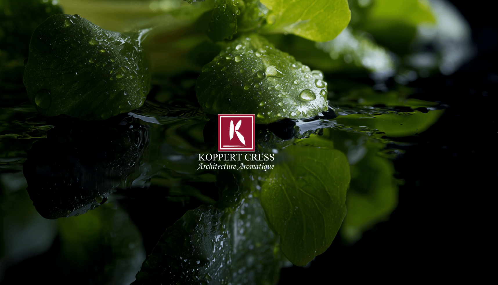 Dauwgroene bladeren weerspiegeld op zwart, Koppert Cress logo in het midden - een frisse, moderne vitaliteit.