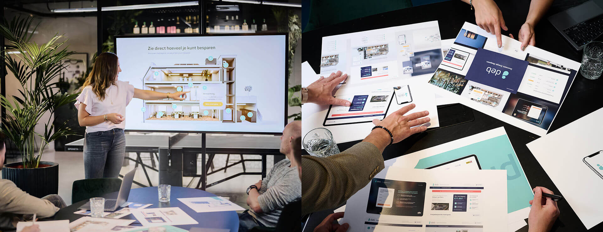 Het team werkt samen aan digitale en printprojecten in een strak, modern kantoor.