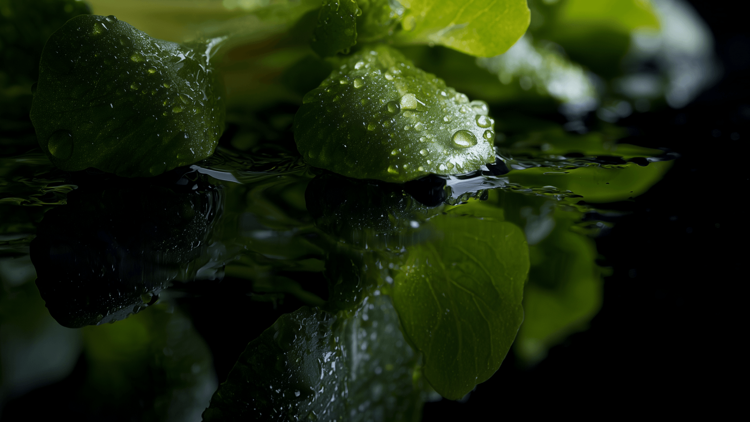 Koppert Cress groen met waterdruppels, weerspiegeld op een glanzend zwart oppervlak in een close-up.