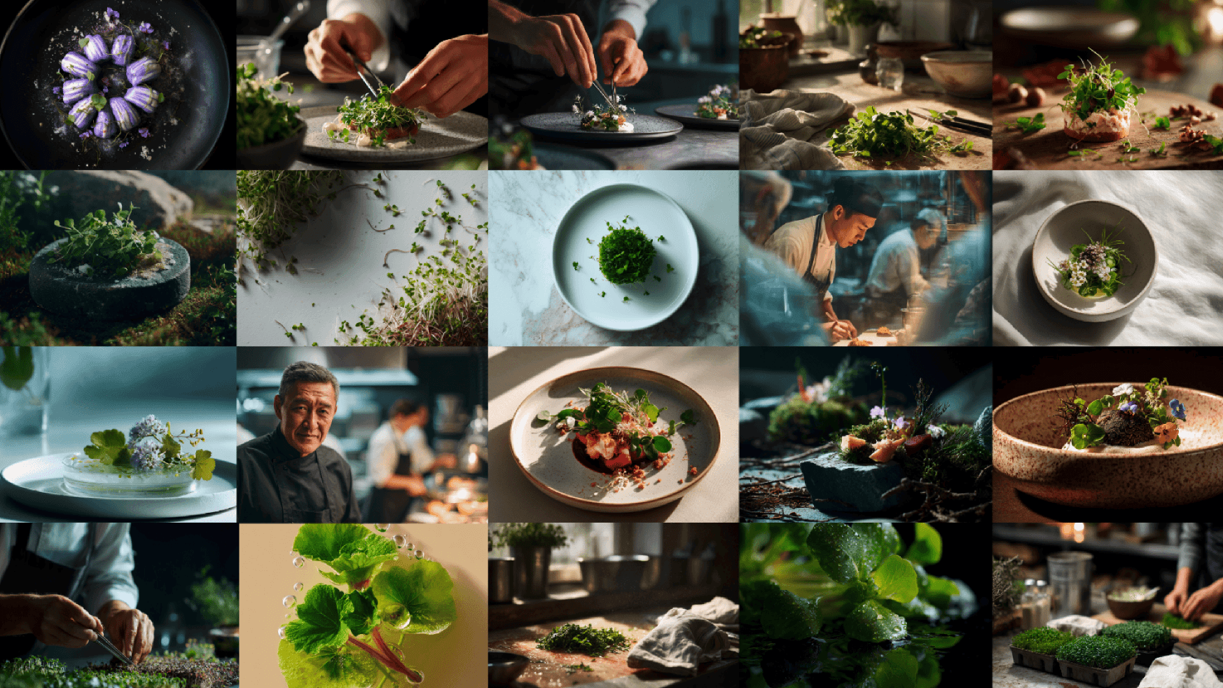 Chef-koks serveren gastronomische gerechten met verse groenten en microgroenten van Koppert Cress in een levendige keukencollage.