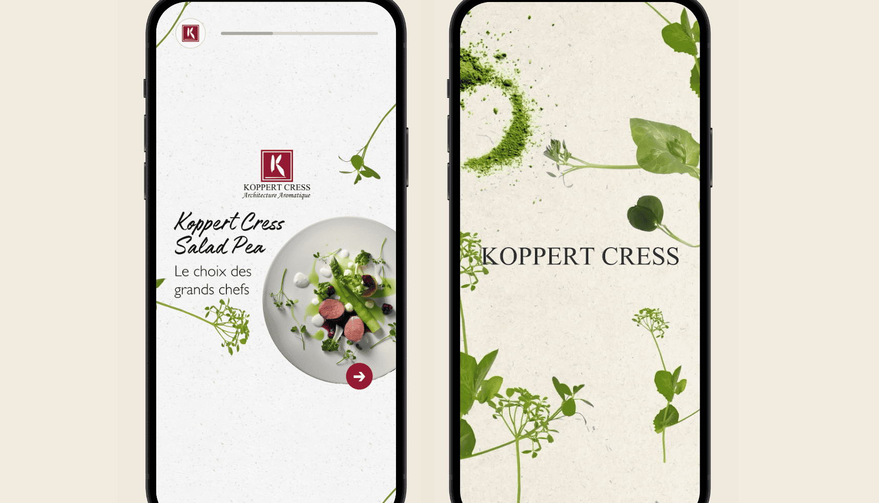 Twee telefoons tonen de Koppert Cress app met verse groene bladeren en kruiden op de schermen met salade-thema.