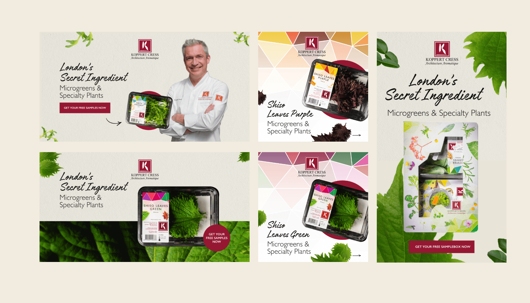 In de advertenties van Koppert Cress zijn microgroenten, een chef-kok en weelderige bladeren te zien om de verse kwaliteitsproducten van het merk te benadrukken.