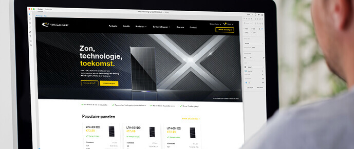 Iemand kijkt naar een computerscherm met daarop zonnepanelenproducten van Nederlandse merken.