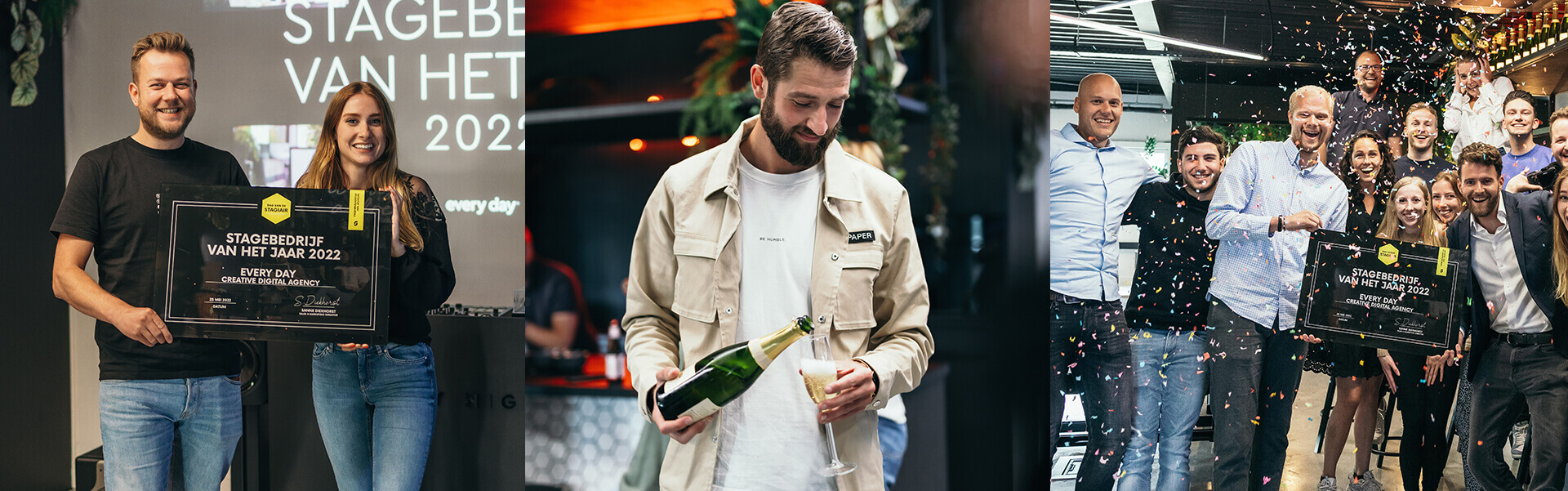 Prijsuitreiking: Man met champagne; anderen poseren met een groot certificaat.