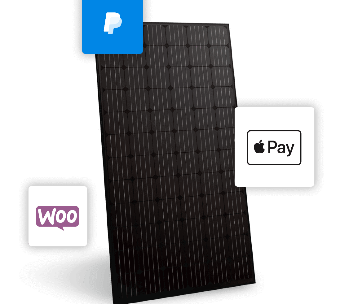 Een YMX Euro Solar-paneel met PayPal-, Apple Pay- en WooCommerce-iconen steekt opvallend af tegen een strakke, zwarte achtergrond.