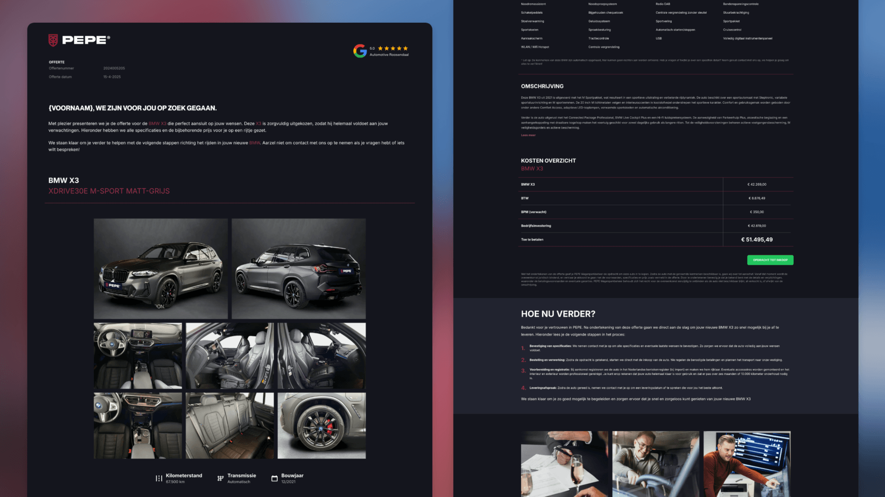 Strakke, donkere BMW X3-advertentie met afbeeldingen, gedetailleerde prijzen en subtiele PEPE-accenten voor extra stijl.