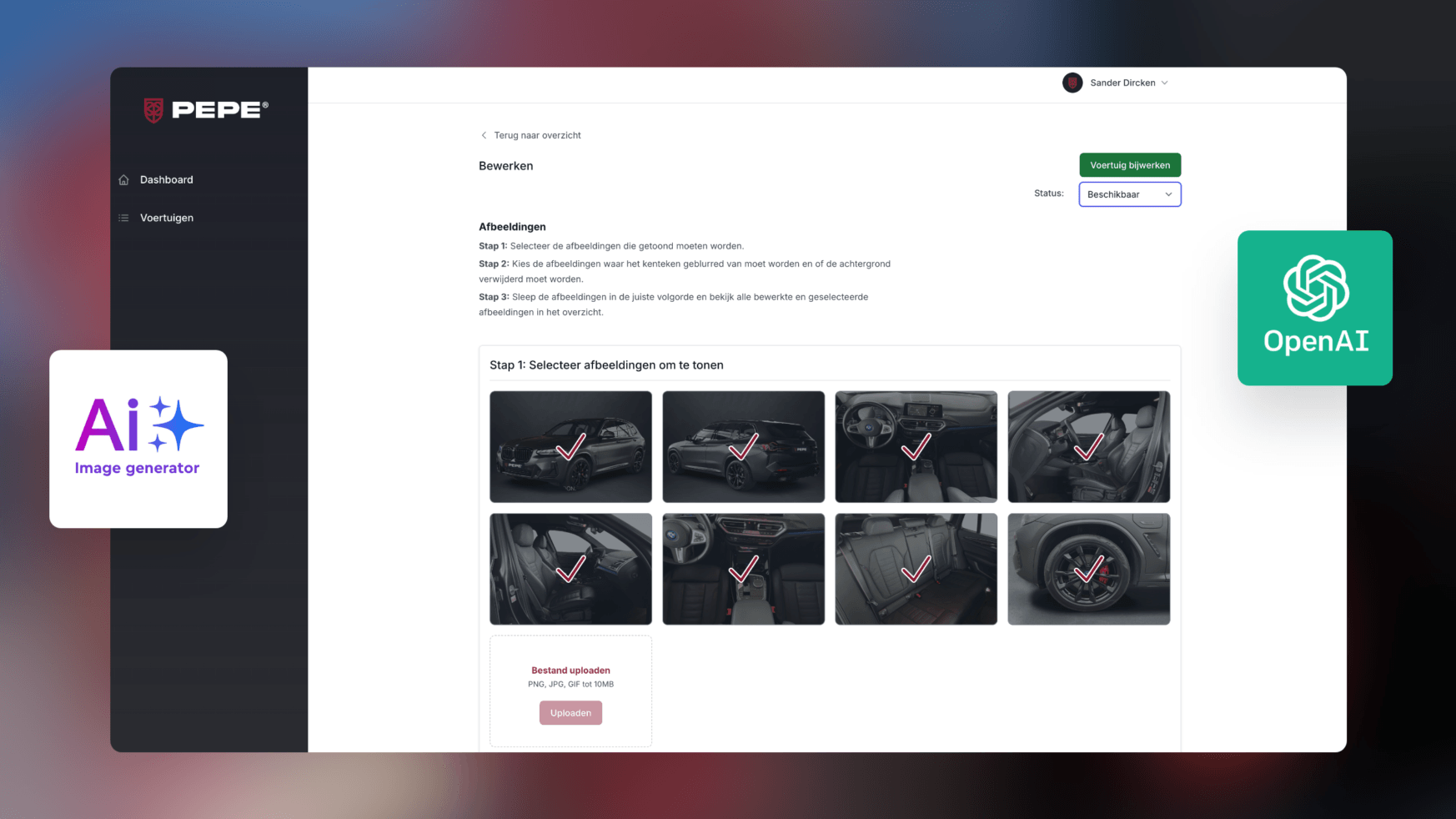 PEPE AI-dashboard: stappen voor het selecteren van het interieur van de auto met vinkjes bij de gekozen afbeeldingen.