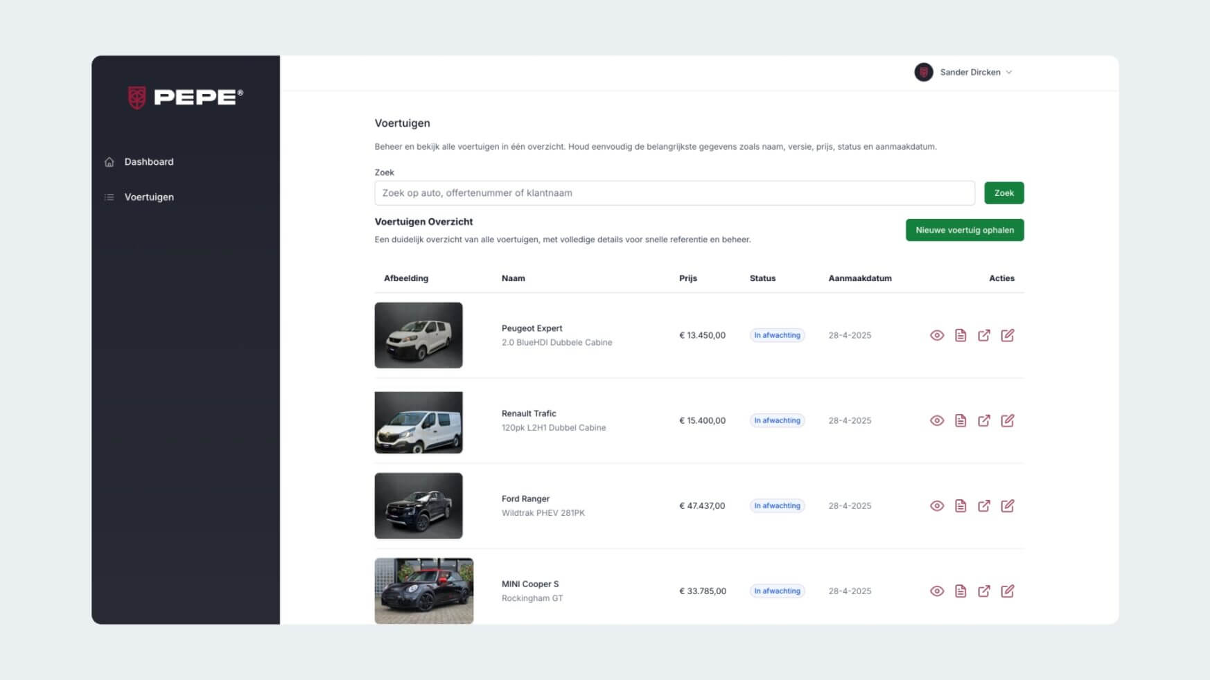 Dashboardweergave: vlootoverzicht met afbeeldingen en details van 4 Koppert Cress-voertuigen.