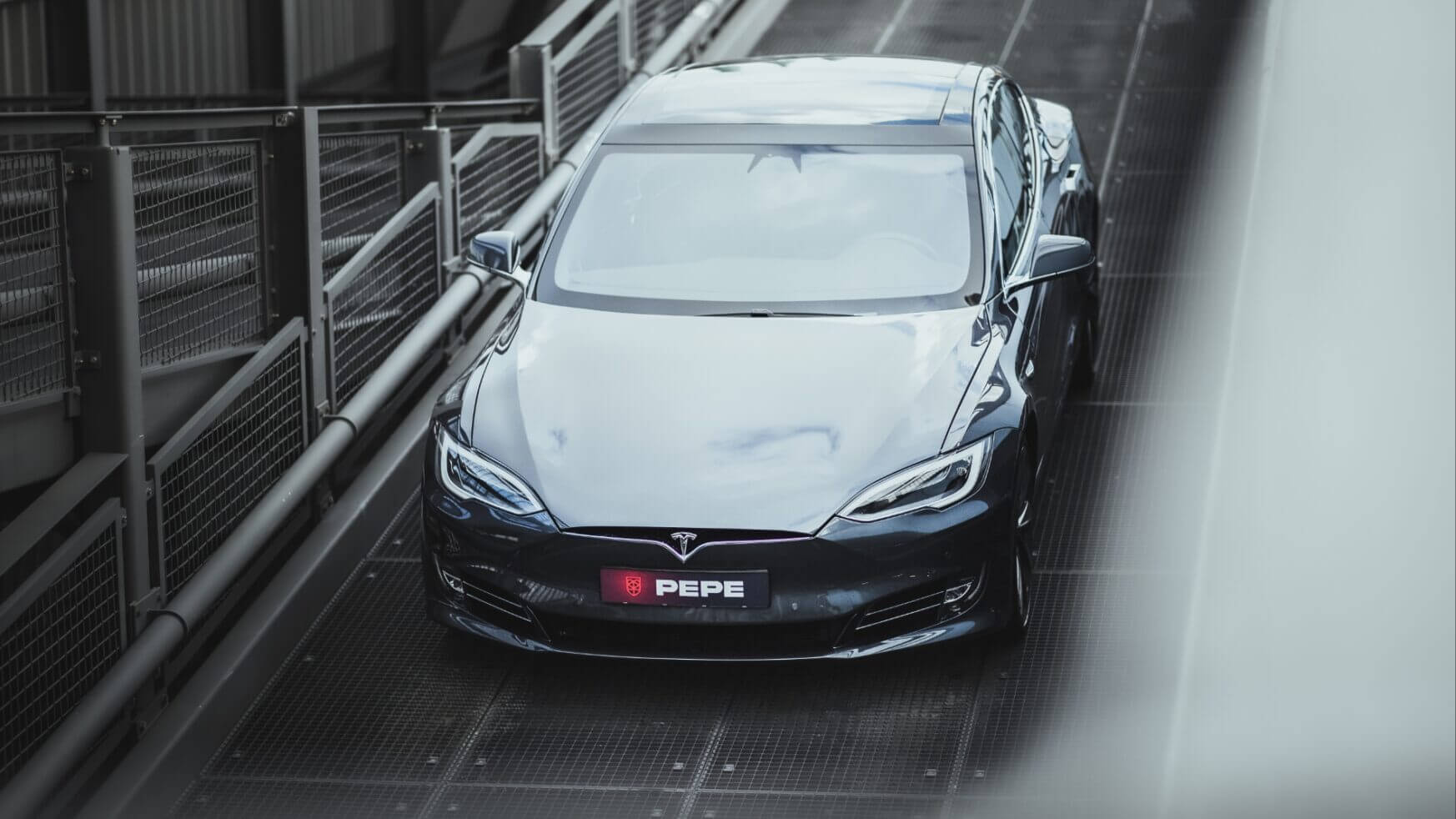 Zwarte Tesla met "PEPE"-bordje geparkeerd op de brug; verse Koppert Cress op het dashboard.