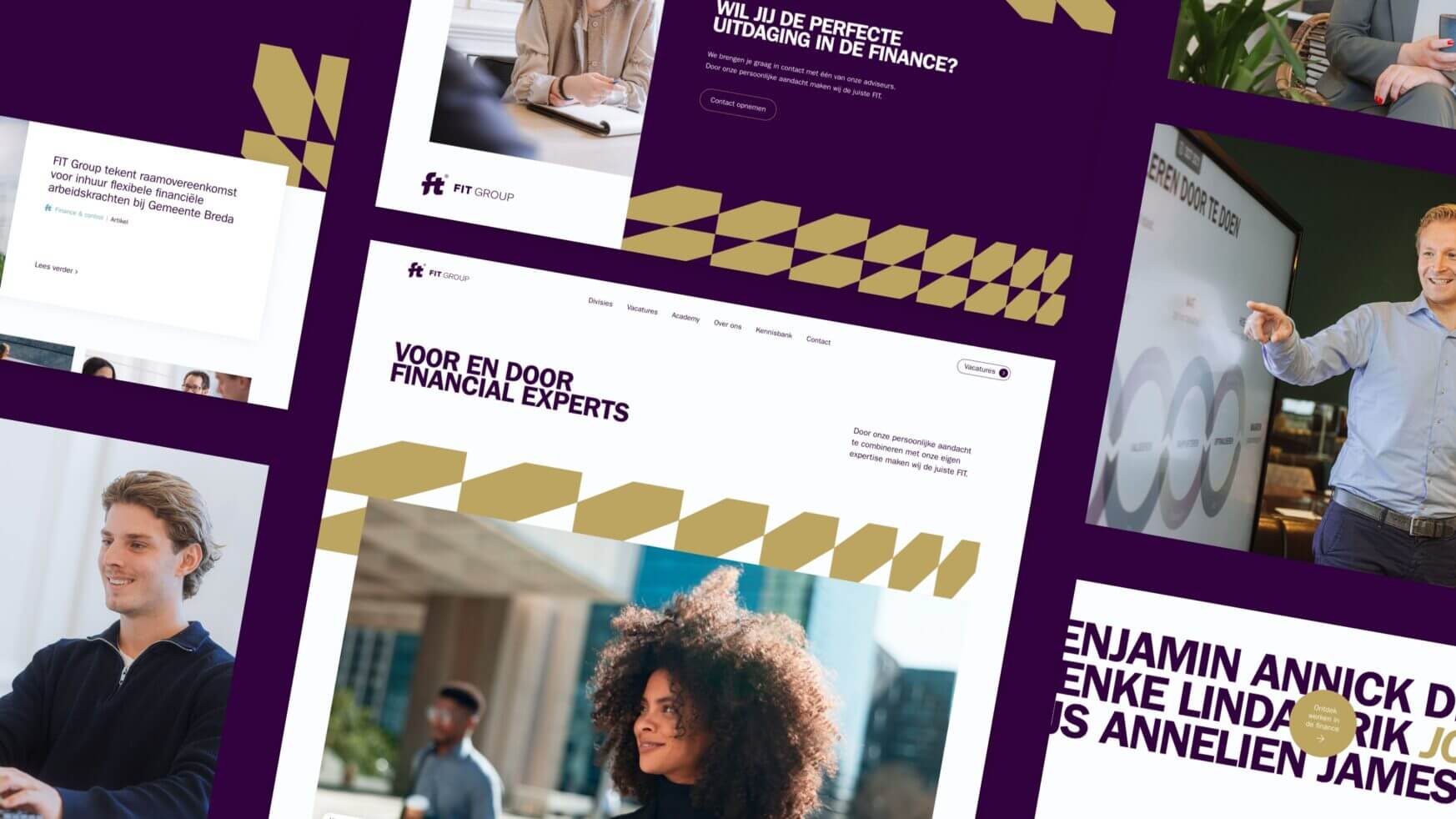 Collage van de financiële site van FIT Group: mensen, opvallende geometrische ontwerpen, Nederlandse tekst.