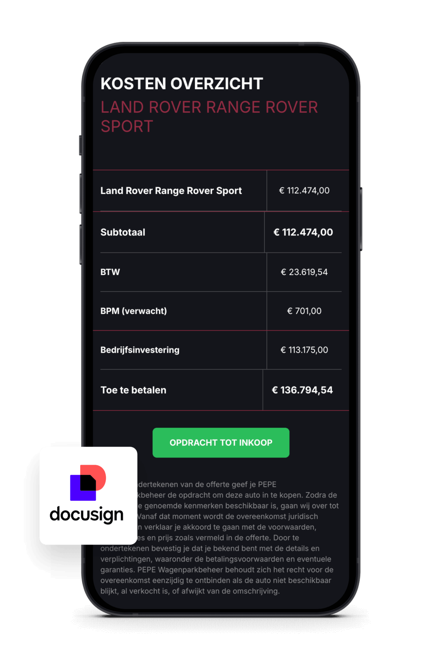 Telefoonscherm toont prijzen van een Range Rover Sport met een groene "PEPE"-koopknop.