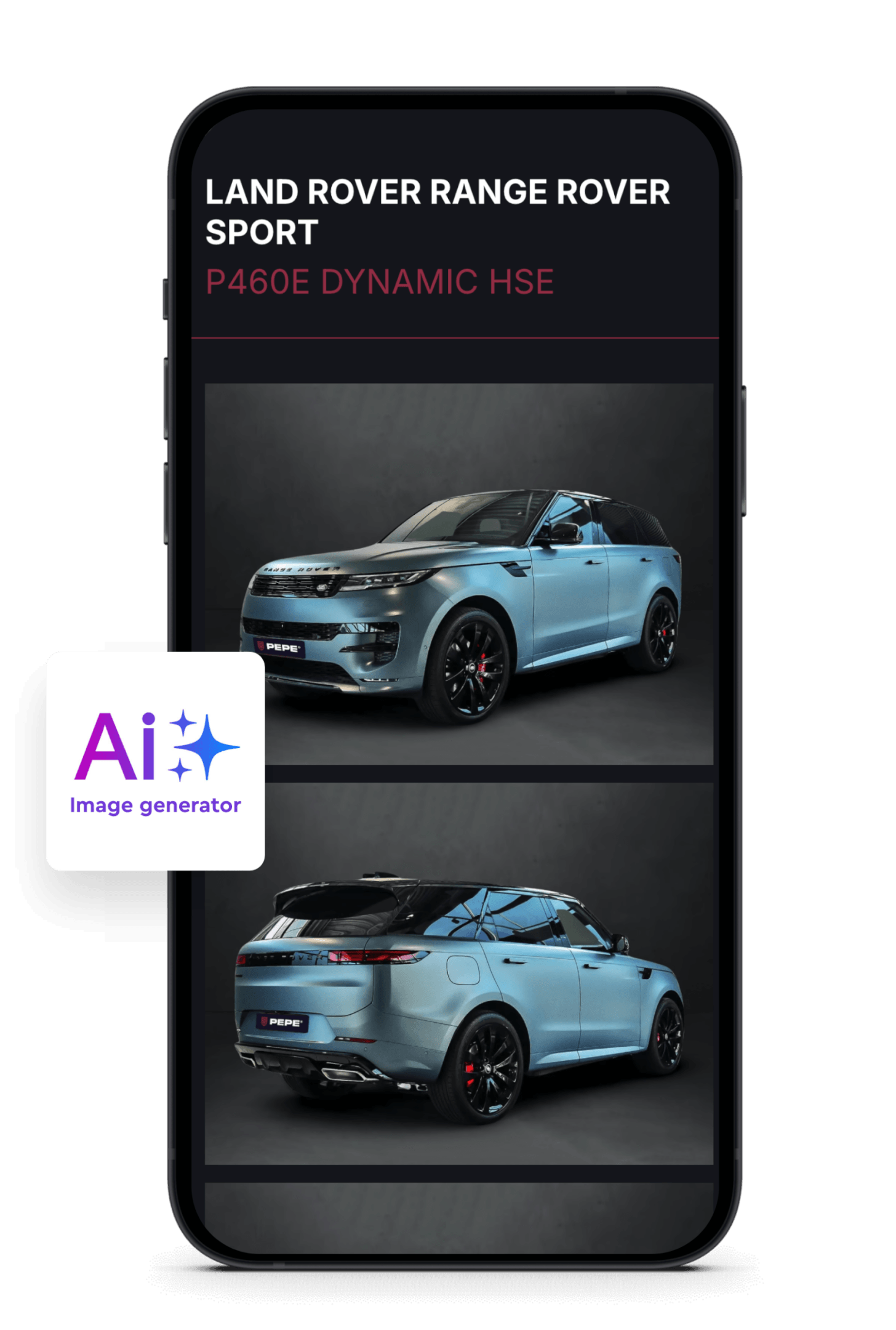 Smartphone met foto's van een zilveren Range Rover Sport P460E met een PEPE-sticker op het scherm.
