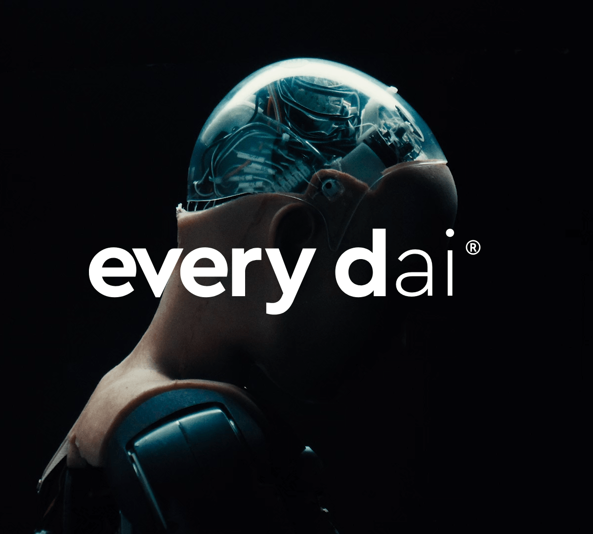 Een zijaanzicht van een heldere humanoïde robot met "every dai" over het beeld geschreven.