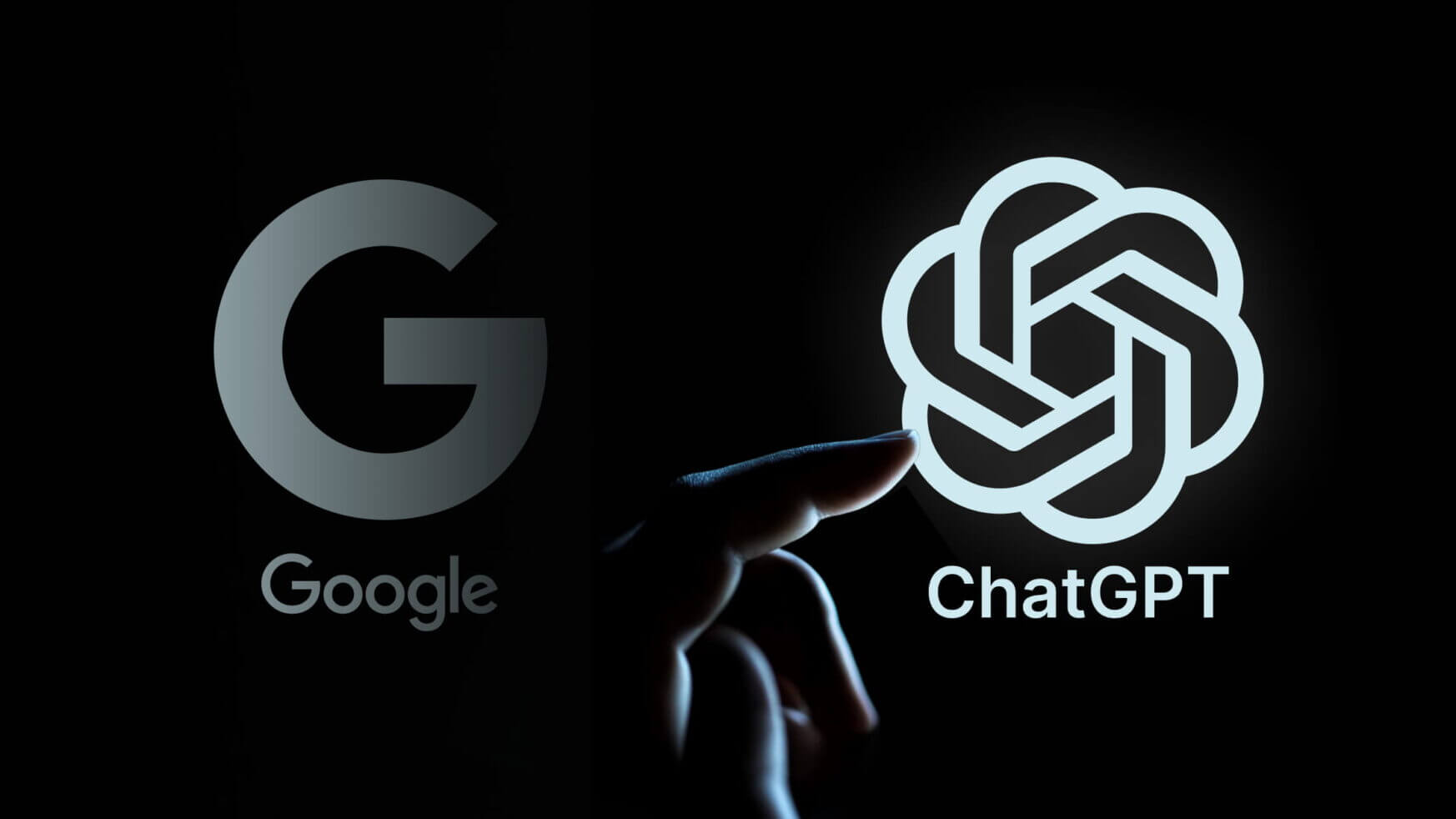 Hand wijst naar ChatGPT en Google-logo's op een donkere achtergrond.