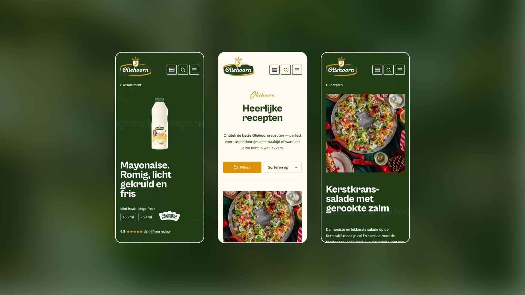 Drie Nederlandse app-schermen tonen mayo en een feestelijk recept voor zalmsalade op een groene achtergrond.