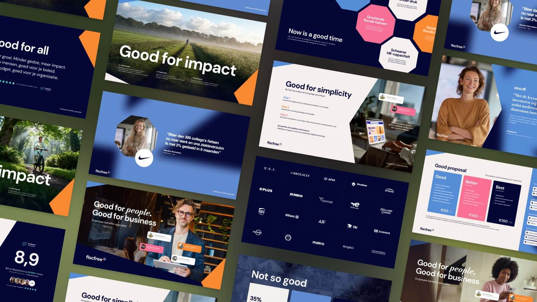 Collage van strakke zakelijke dia's met tekst, foto's, pictogrammen en afbeeldingen op een donkere achtergrond.