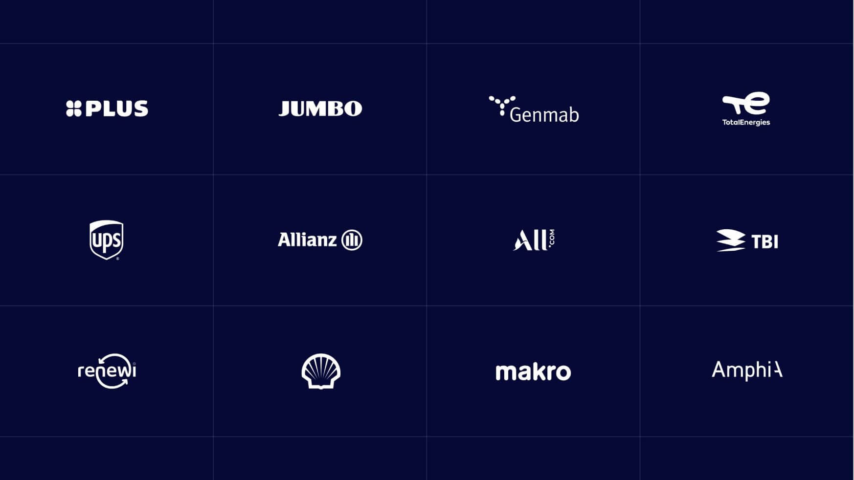 20 bedrijfslogo's weergegeven in een raster, namen in witte tekst op een donkerblauwe achtergrond.