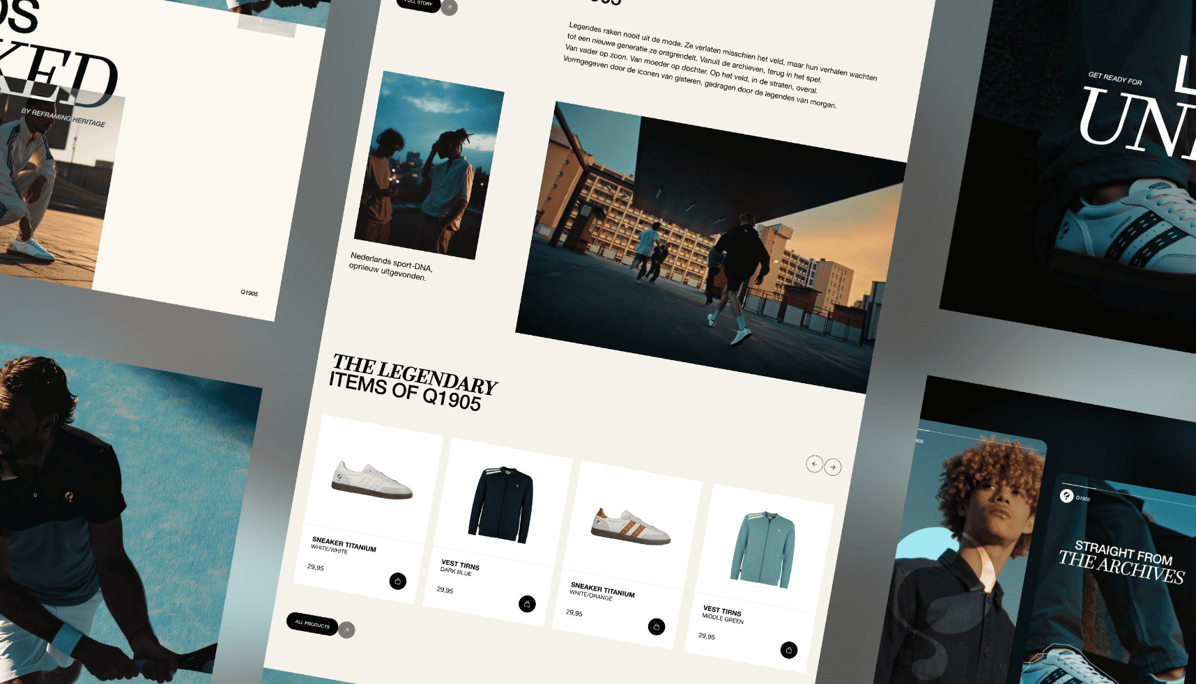 Trendy lay-out voor sportkleding met moderne foto's, productoverzichten en krachtige typografie.