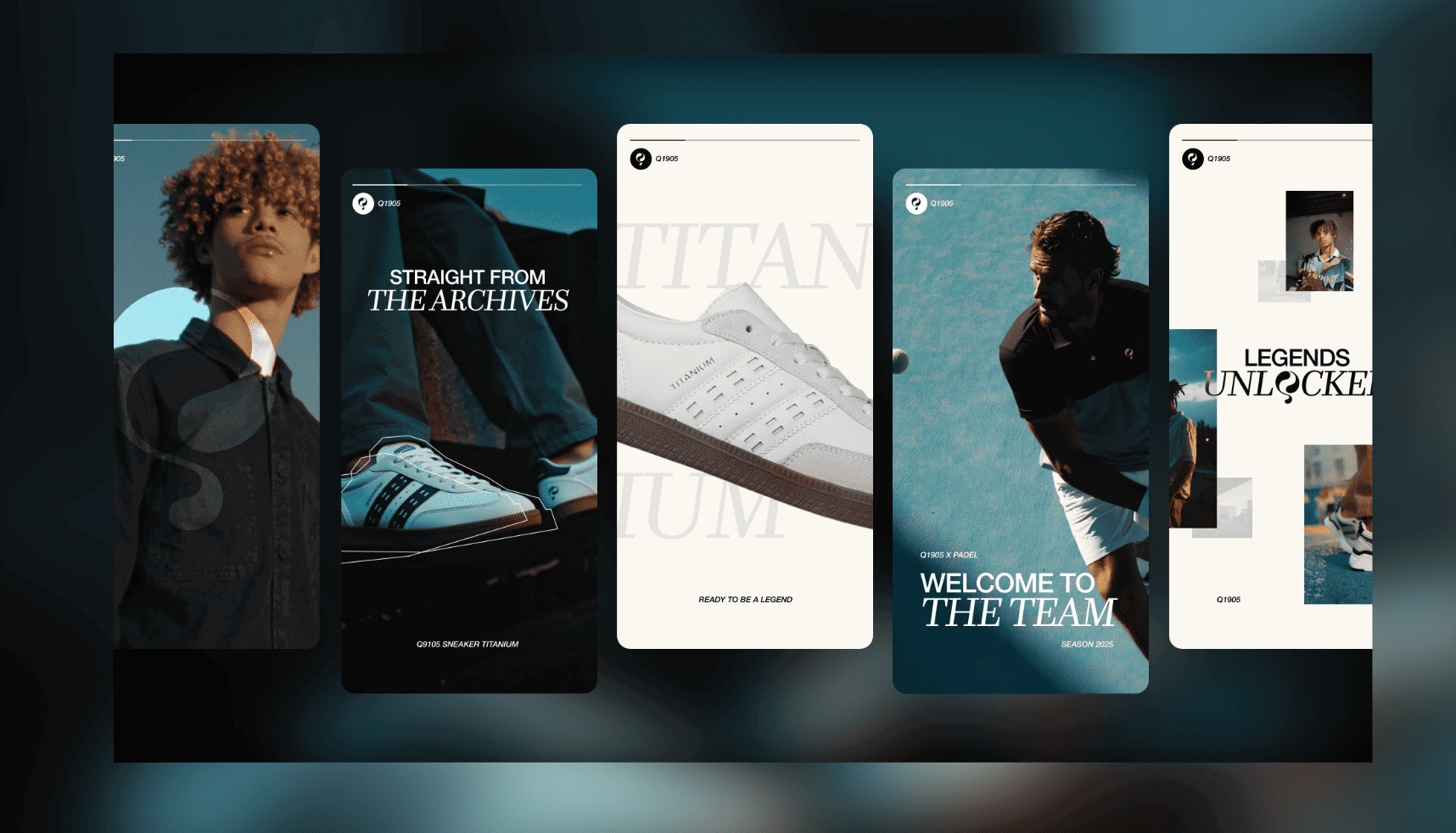 Vijf promo-banners: atleten, sneakers, vetgedrukte tekst, dynamische poses. Blauwe achtergronden met energieke vibes.