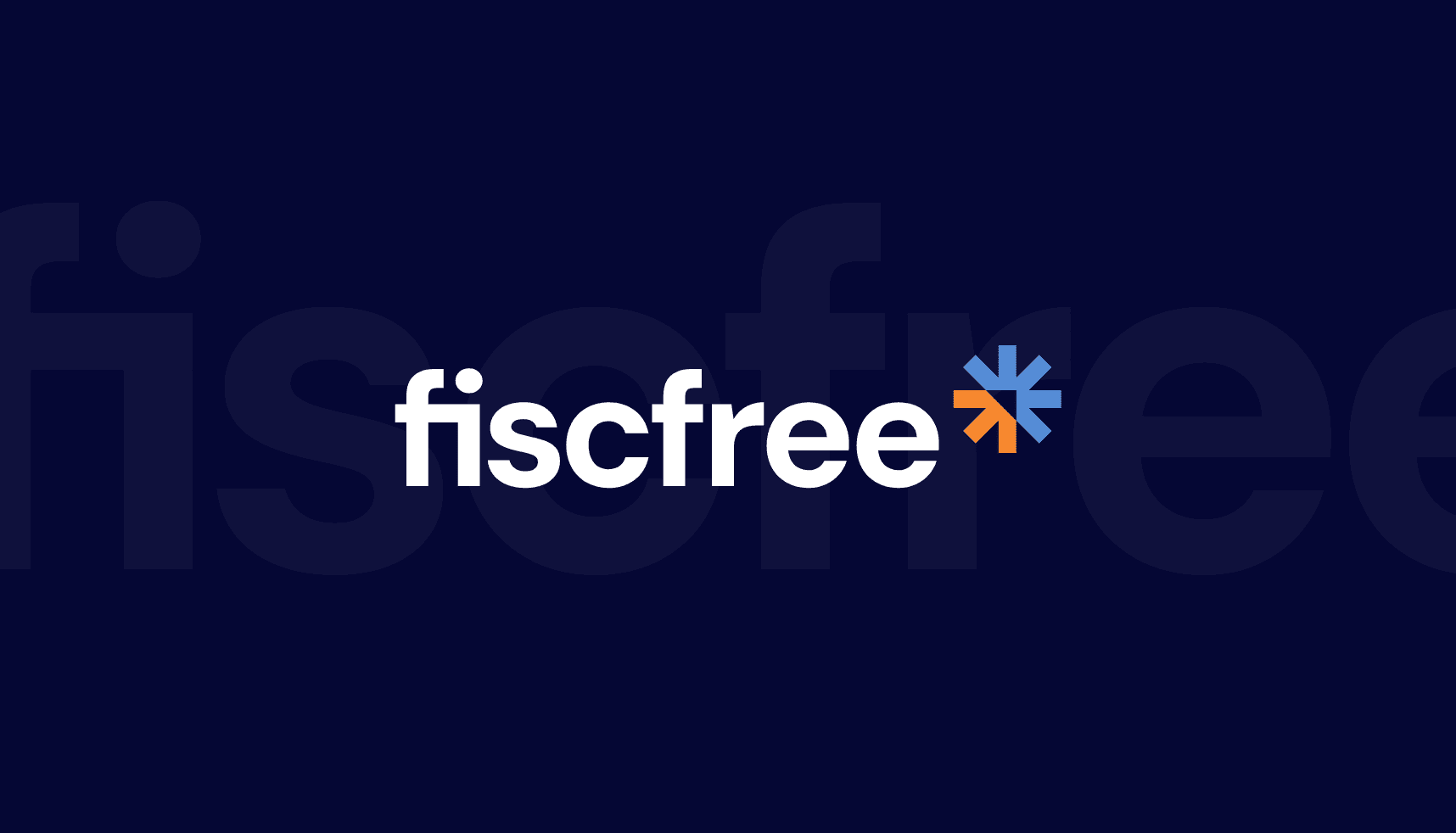 Fiscfree-logo in wit op donkerblauw, met een blauw en oranje sterretje. Strak, modern ontwerp.