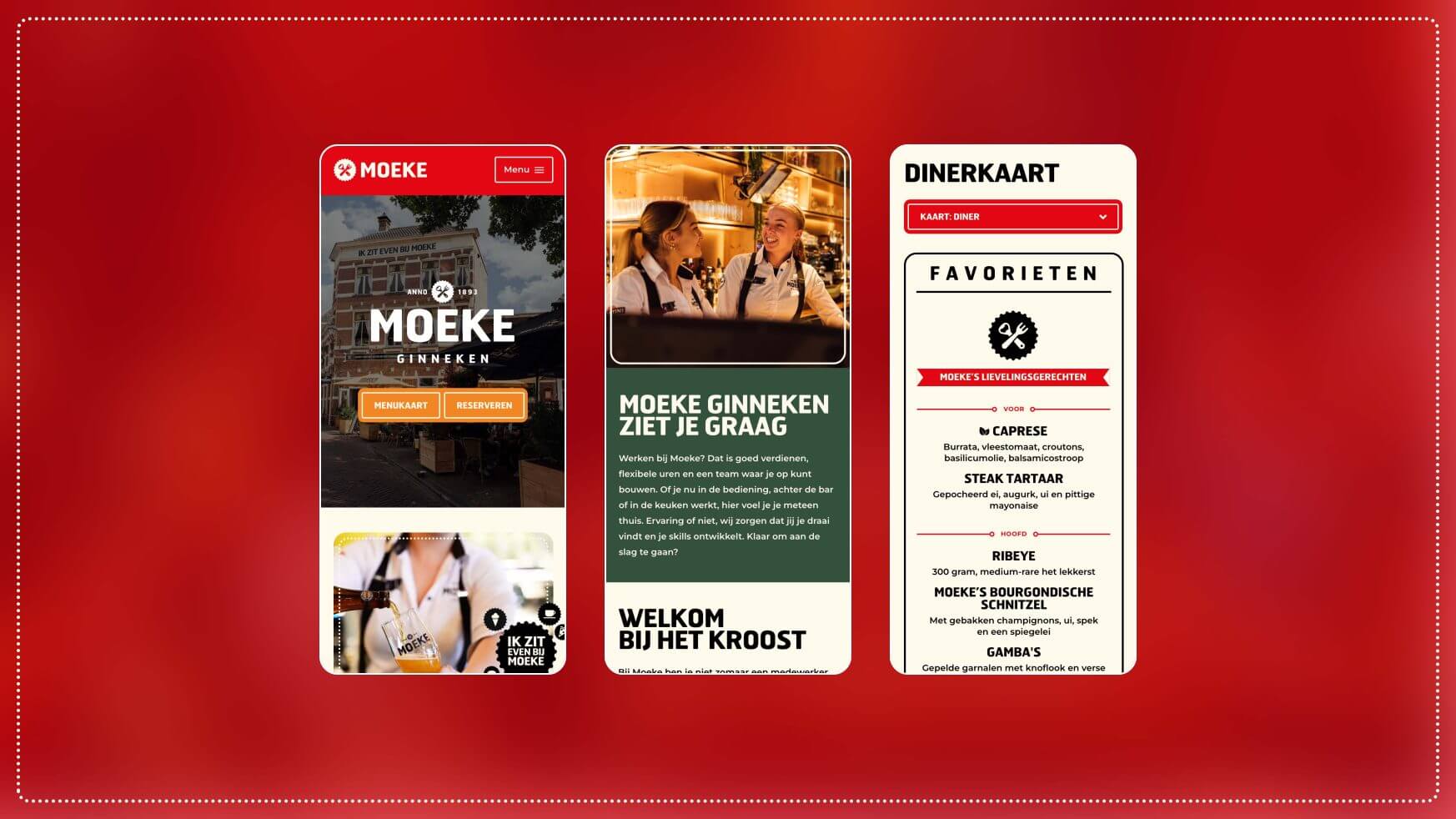 Drie smartphones tonen de website en het menu van een Nederlands restaurant tegen een opvallende rode achtergrond.