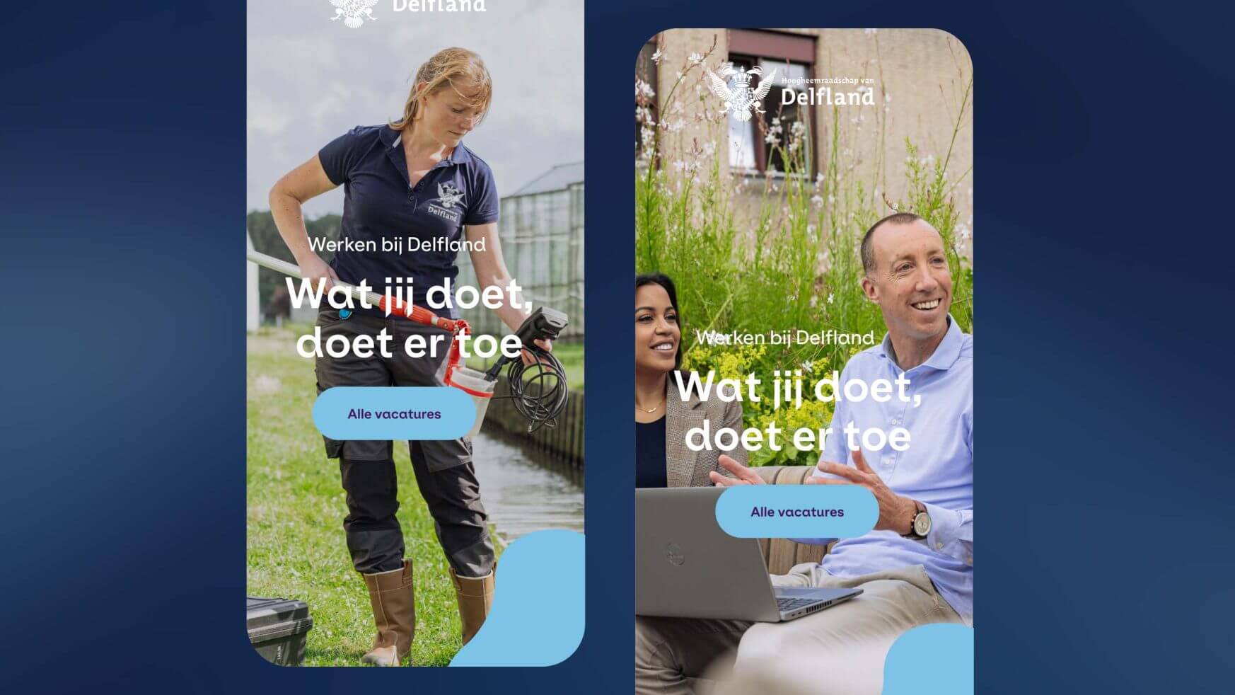 Delflandse personeelsadvertenties: een vrouw in werkkleding buiten, en twee mensen met een laptop zittend op gras.