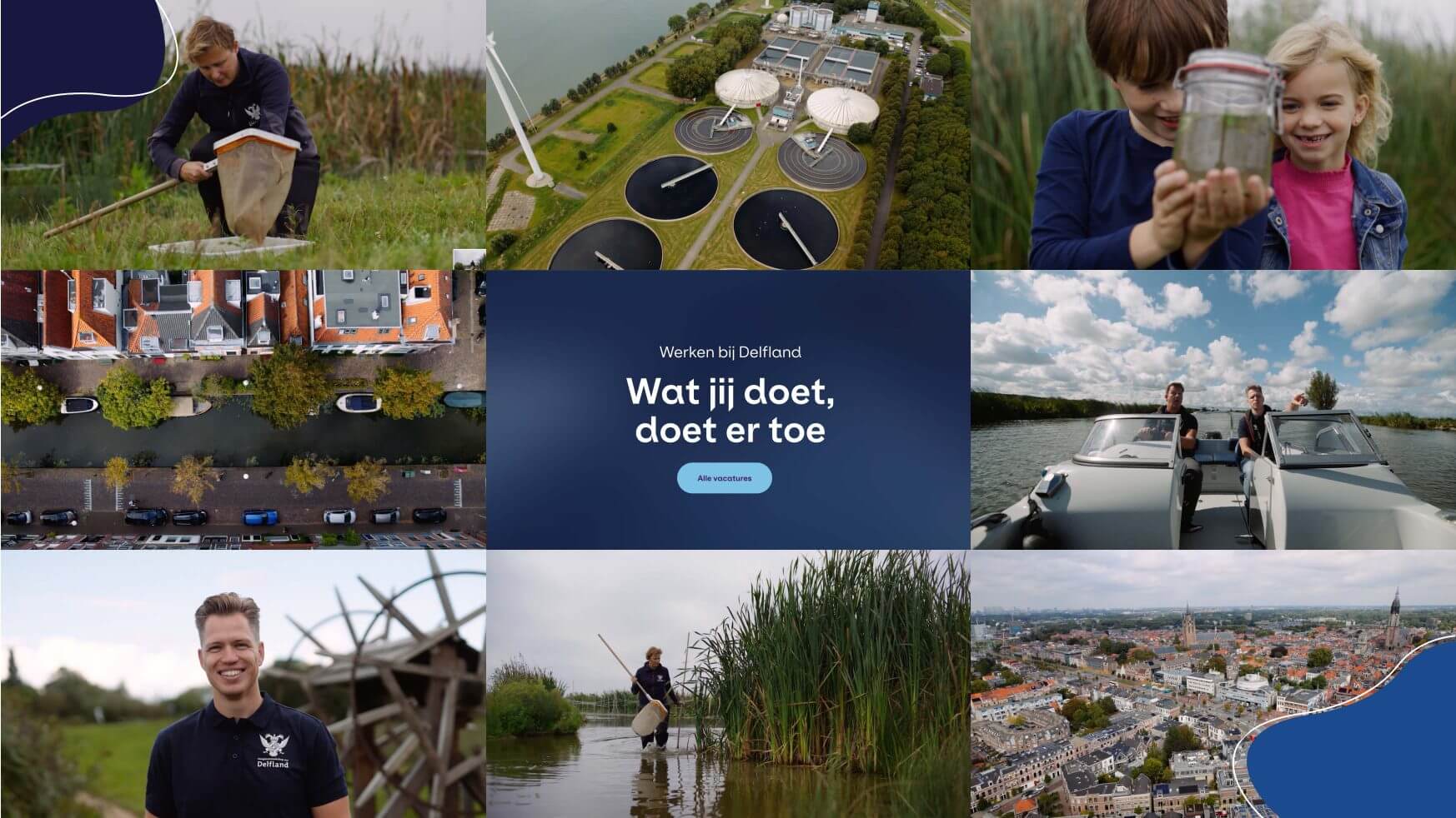 Collage met mensen in wateractiviteiten, luchtfoto's van waterfaciliteiten en Nederlandse tekst gecentreerd.